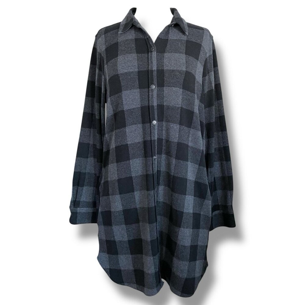 Faherty Womens Legend Sweater Shirt Dress Sz Large Gray Black Buffalo Plaid - Picture 2 of 8